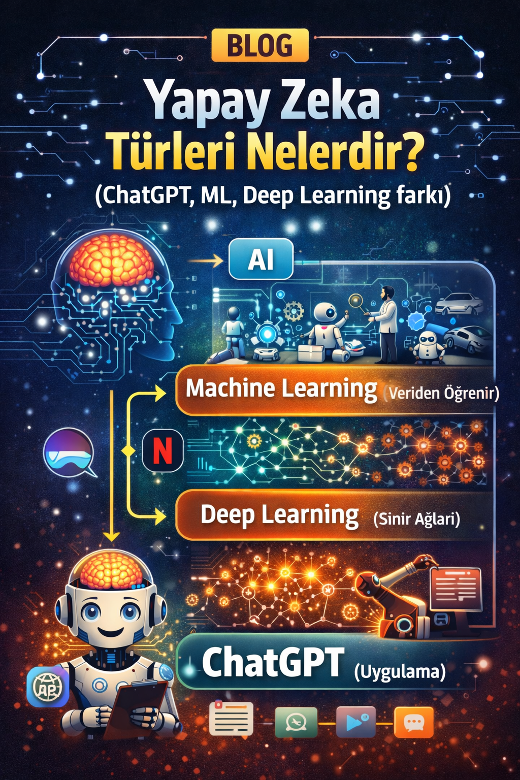 Yapay Zeka T&uuml;rleri Nelerdir? (ChatGPT, ML, Deep Learning farkı)